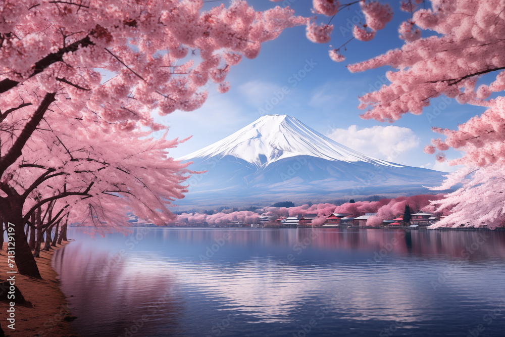 Beautiful view of Mount Fuji and cherry blossoms in spring. Nature and travel concept