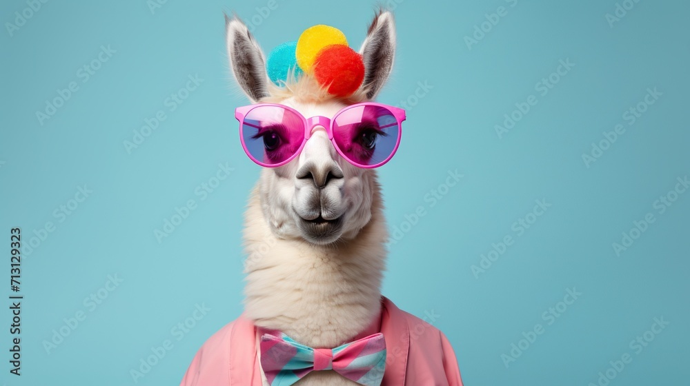 Cheerful llama dressed in a quirky costume on a lively, colorful setting, bringing joy and fun