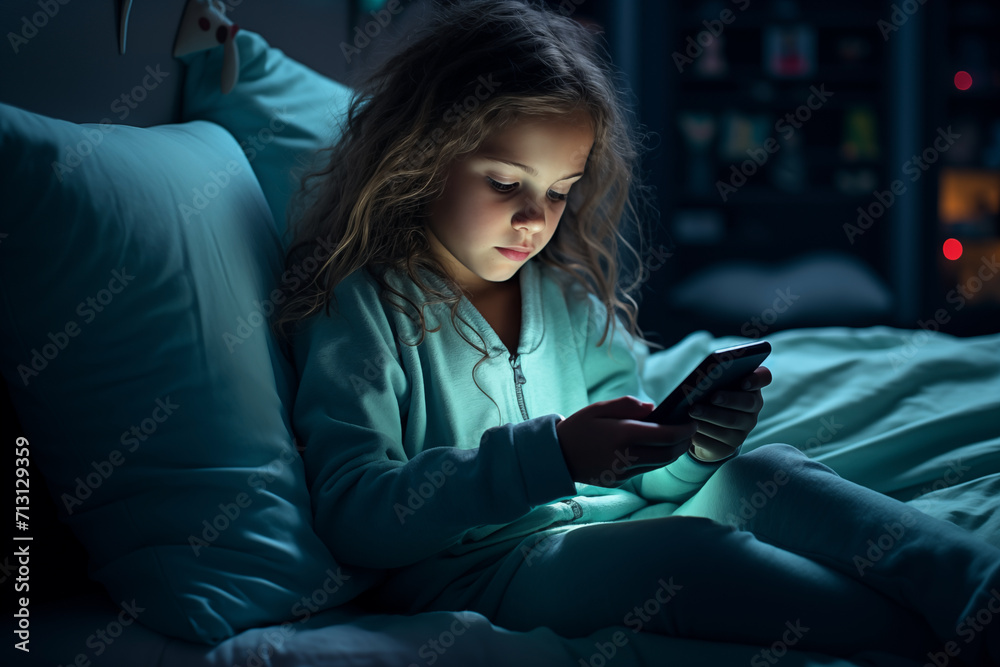 A child using mobile phone lying in bed late at night. Children's screen addiction and insomnia A child using mobile phone lying in bed late at night. Children's screen addiction and insomnia