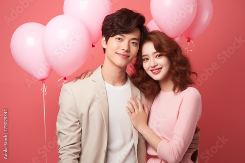 Portrait of happy young Asian couple and balloons on pink background. Studio shot, copy space