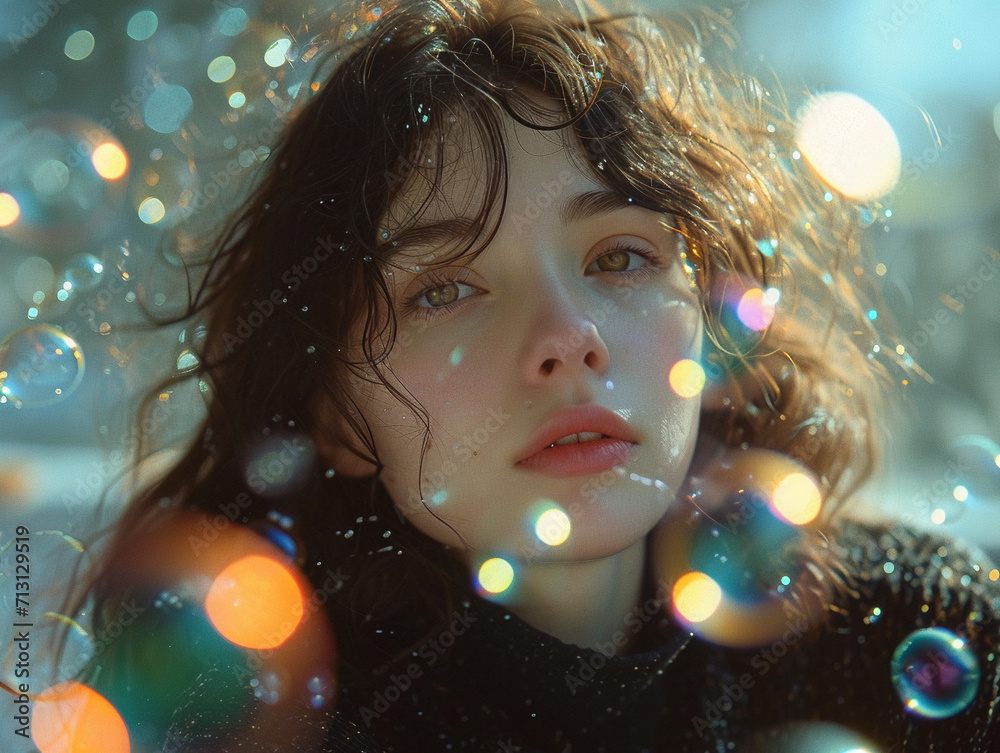 photo shot of a beautiful young woman in romantic dramatic retro analog style, vintage grainy photoshoot with brunette girl with water, holographic bubbles and sparkles with summer vibes