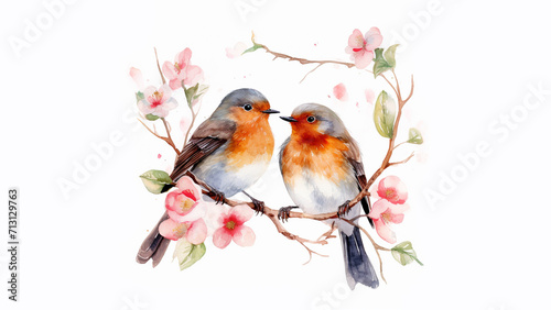 watercolor pair of robins in love on a leafy branch, white background