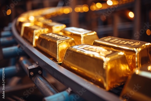 gold bars on a conveyor belt in what appears to be a refinery or mint