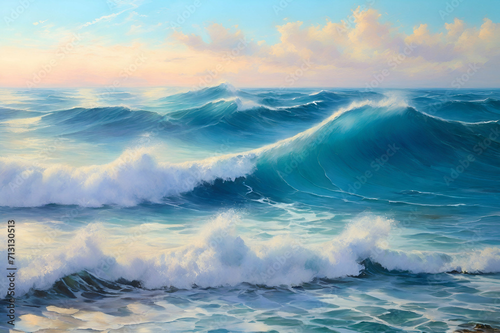 Oil painting Morning on sea wave illustration - obrazy, fototapety, plakaty 