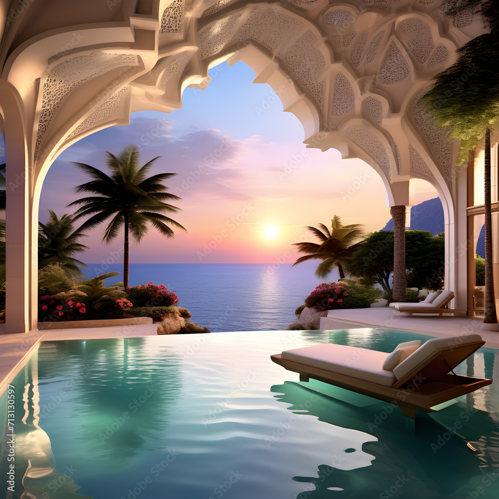 pool at sunset, Hotel swimming pool, travel destination, high-end, luxury, hotel, high quality, realistic, detailed,GenerativeAI