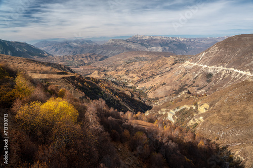 Panorama of the aul Matlas and the Caucasus mountain range. Dagestan, october 2020.