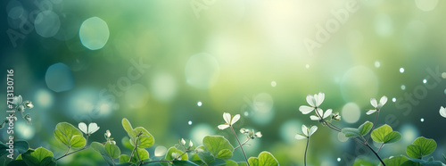 Fresh green leaves and white flowers bathed in a gentle sunlight with a soft, bokeh green background