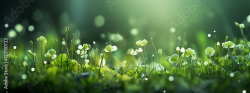 A lush field of clovers with translucent white flowers glistening under the radiant glow of a spring morning