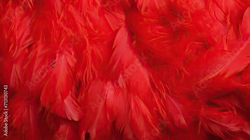 Bright red feather. Abstract textured background from bird plumage. Cabaret, holiday. Banner. Close-up