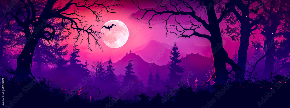 mystical twilight scene with a full moon illuminating a silhouetted forest, with a bat flying in the foreground, creating a magical and eerie atmosphere