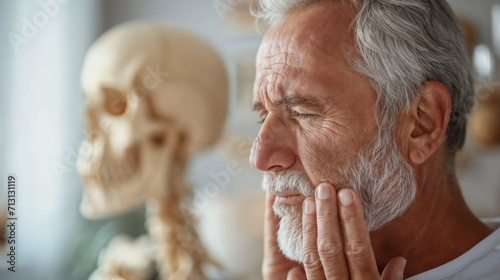 Elderly man with jaw pain next to human skull model photo