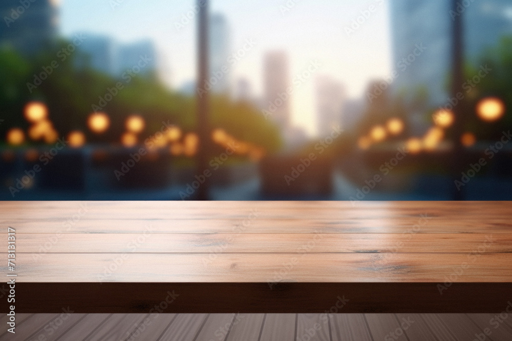 Wooden table bokeh city view background, empty wood desk tabletop counter surface product display mockup with blurry cityscape lights abstract backdrop presentation. Mock up, copy space.