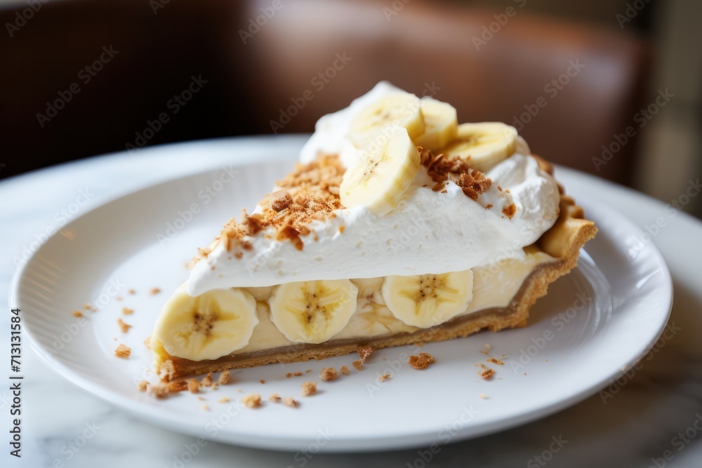 slice banana cream pie closeup. Classic American dessert recipe.