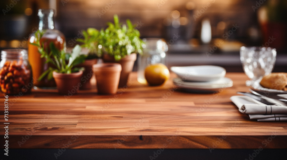 Wooden kitchen home table bokeh background, empty wood desk tabletop food counter surface product display mockup with blurry cafe abstract backdrop advertising presentation. Mock up, copy space. Wooden kitchen home table bokeh background, empty wood desk tabletop food counter surface product display mockup with blurry cafe abstract backdrop advertising presentation. Mock up, copy space.