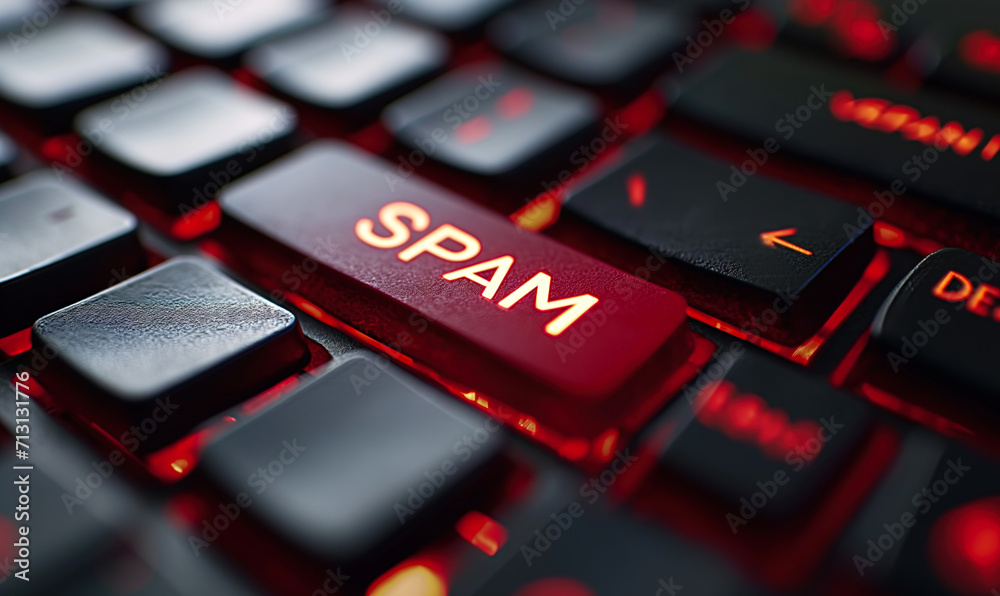 Red SPAM Alert Button on a Keyboard Illustrating Cybersecurity Threats and Email Filtering Concepts in a Digital Communication Setting Red SPAM Alert Button on a Keyboard Illustrating Cybersecurity Threats and Email Filtering Concepts in a Digital Communication Setting
