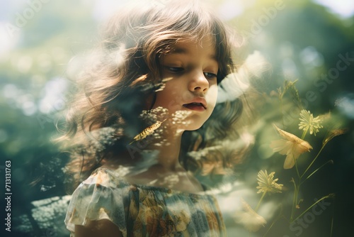 double exposure candid photo of a pretty little girl in harmony with nature and green plants and flowers. Summer. Environment, global warming, climate change, no planet b concept.