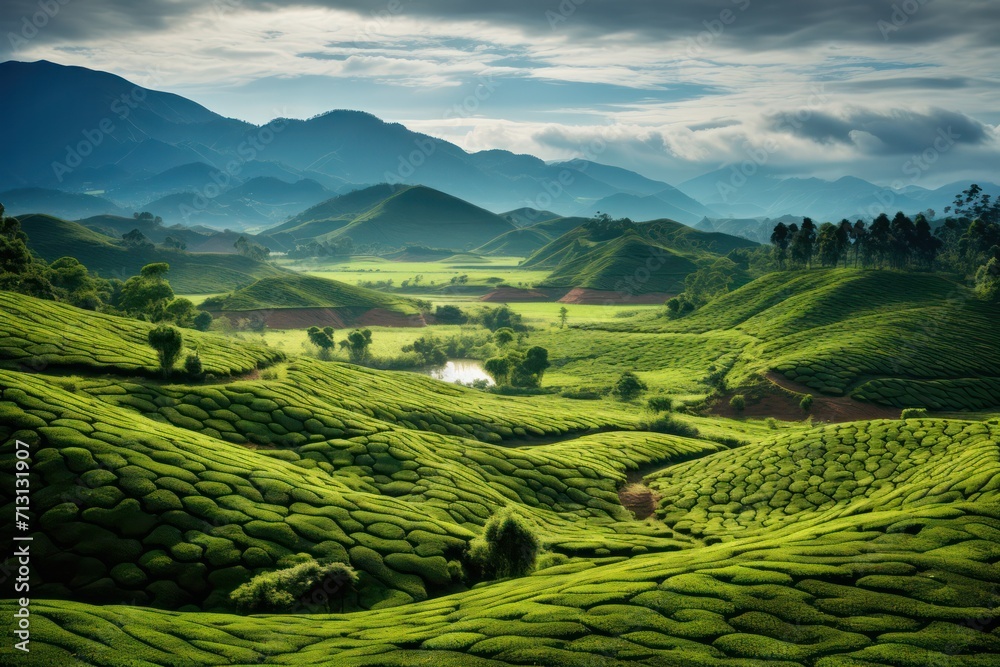 green highland tea plantations landscape aerial view. Fields and mountains. Tea tourism and industry.