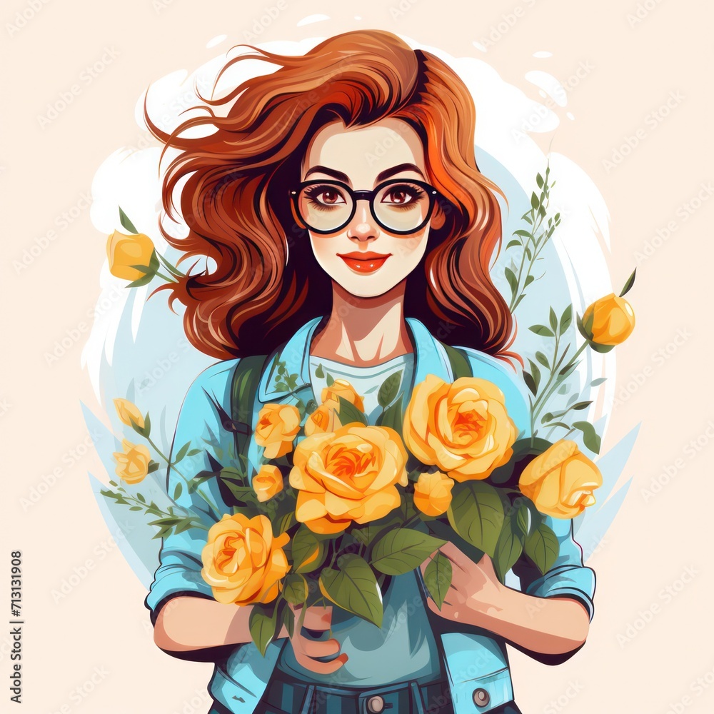 hipster female florist in glasses with flowers flat illustration. Tote bag, t-shirt print design.