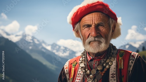 portrait of old swiss man in the alps wearing traditional swiss cultural clothing.