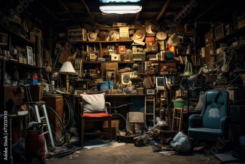 hoarder's garage full of old vintage stuff. Hoarding disorder mental problem. Spring cleaning needed.  Clutter and disorganization.