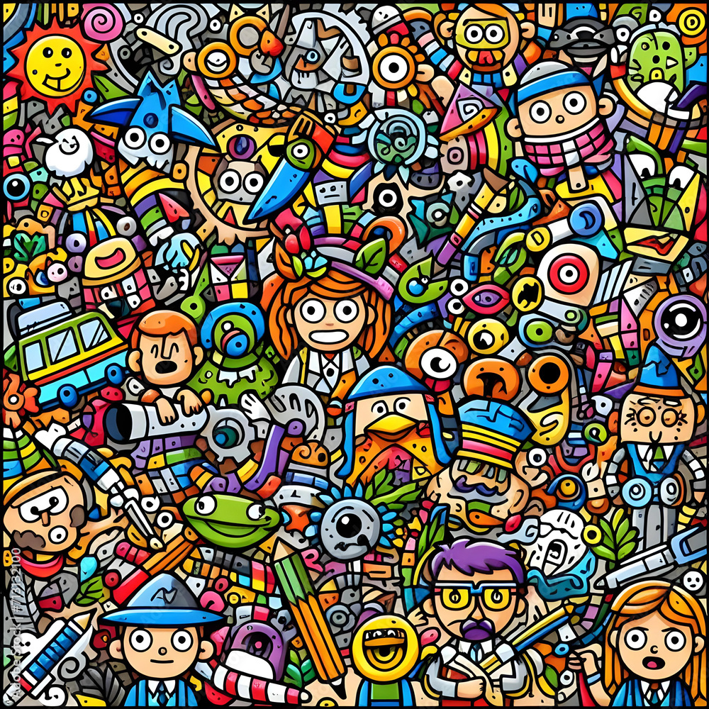 Colorful Cartoon Collage: Colorful Doodle Art