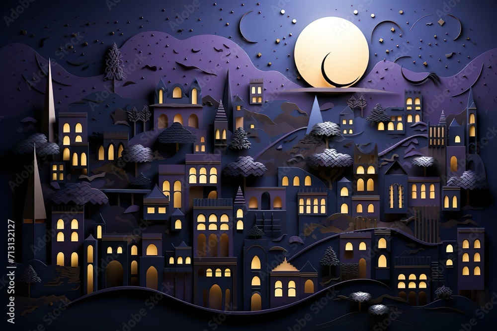 Paper quilling City night Landscape, purple Town Scene, Paper Art,  Wallpaper Background, AI generated - obrazy, fototapety, plakaty 