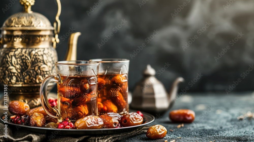 Ramadan food and drinks concept. Ramadan tea and dates fruits on dark background. - obrazy, fototapety, plakaty 