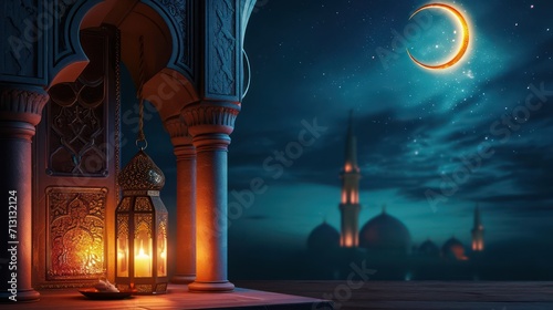 Ramadan kareem islamic greeting background with lantern on podium, mosque and crescent moon