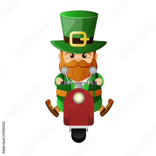 Leprechaun in green hat rides retro scooter. Vector cartoon character. Illustration for St. Patrick's Day isolated on white background. Design element for Irish holiday. Irish gnome rush to the party