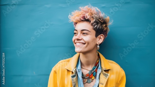 Smiling non-binary young woman with a confident and positive attitude, embracing her unique identity and style photo