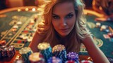 The blackjack and poker tables and beautiful woman,