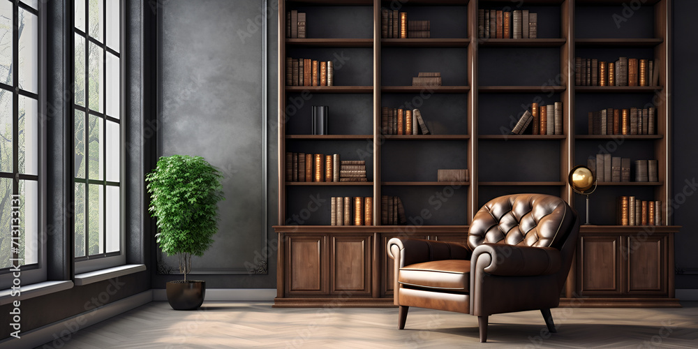 A front and middle section of a room with bookshelves and chair with green plant on the corner Library Bookshelf Old Books in room with large glass window Ai Generative