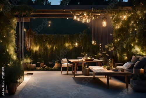Envision the elegance of an outdoor space adorned with carefully arranged gardening tools and an abundance of thriving plants. The super realistic rendering