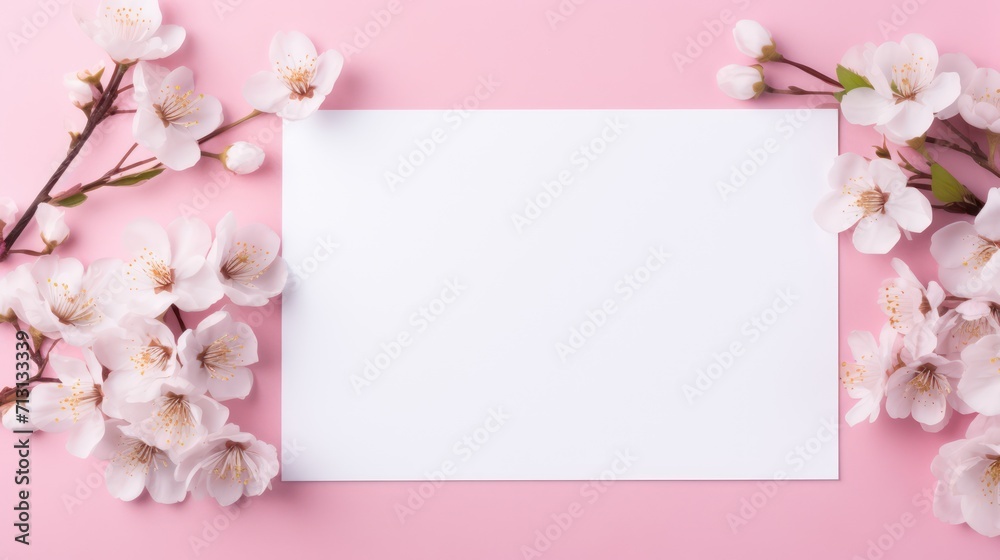 White blank greeting card on the pink background with flowers
