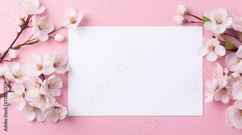 White blank greeting card on the pink background with flowers