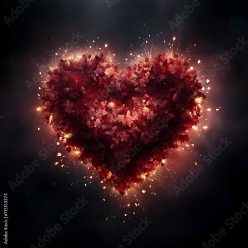 Heart made of red autumn leaves on dark blue background. illustration.