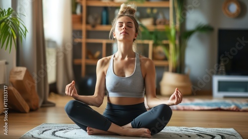 Healthy serene young woman meditating at home with eyes closed doing pilates breathing exercises, relaxing body and mind sitting on floor in living room. photo