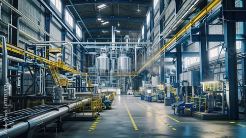 The scene portrays an industrial factory interior featuring state-of-the-art machinery, advanced equipment, conveyor belts, and sturdy steel structures.