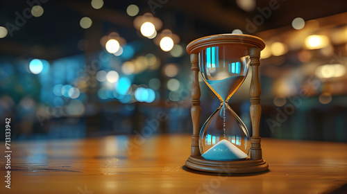 Antique hourglass with sand on the desktop