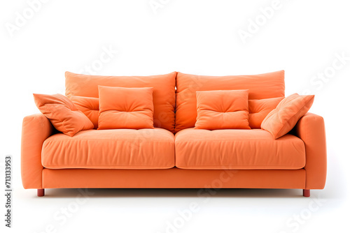 soft empty peach-colored sofa stands on white isolated background, comfortable fabric couch is alone against the background of white wall, copy space