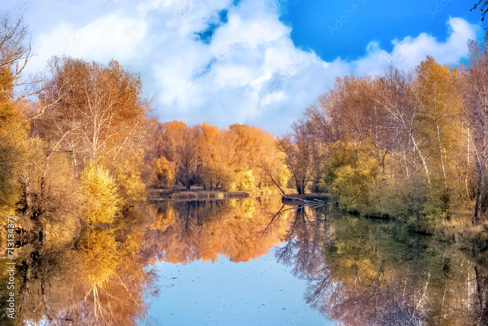 A beautiful view of the river surrounded by trees in summer. A beautiful view of the river surrounded by trees in summer.
