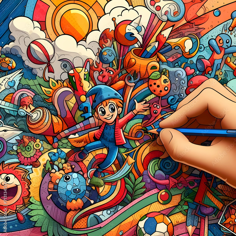 Obraz premium Colorful Cartoon Collage: Colorful Doodle Art