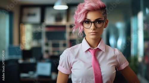 Portrait of young transgender transfeminine businesswoman standing in business office photo