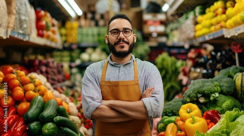 Middle asian smiling man grocery manager hands crossed wearing brown apron and glasses against retail store and colorful vegetables background