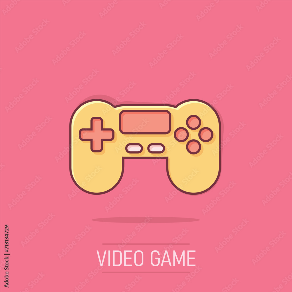 Joystick sign icon in comic style. Gamepad vector cartoon illustration on isolated background. Gaming console controller business concept splash effect. Joystick sign icon in comic style. Gamepad vector cartoon illustration on isolated background. Gaming console controller business concept splash effect.
