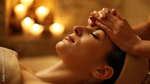 Relaxing Head Massage at a Tranquil Spa. Woman receiving a calming head massage in a softly lit spa environment.