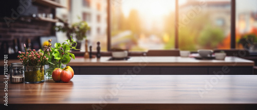 Wooden kitchen home table bokeh background, empty wood desk tabletop food counter surface product display mockup with blurry cafe abstract backdrop advertising presentation. Mock up, copy space.