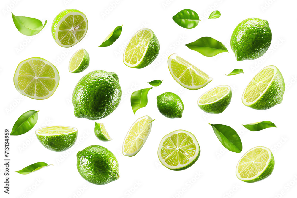 Isolated collection of fresh green lime leaves and slices, showcasing organic, juicy citrus goodness with a touch of yellow