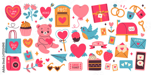 Cute set of romantic elements for Valentines day. Vector illustrations for valentines day, stickers, greeting cards