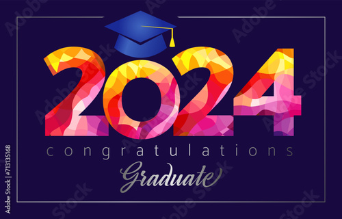 Prom invitation, diploma design, certificate concept for class of 2024. Congratulations graduates postcard. Social media timeline post. Vector illustration with creative red number 20 24 and 3D hat